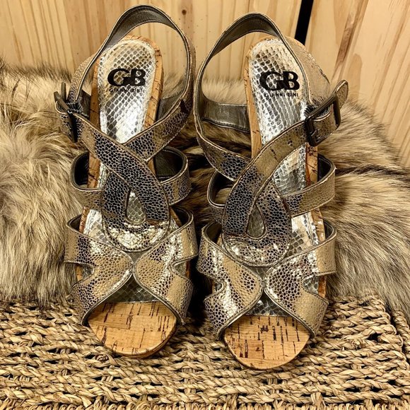 Gianni Bini Shoes - GB Gianni Bini Espadrille Cork Wedges Metallic Silver Peek Toe Sandals Size 7